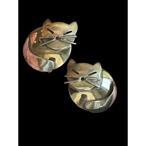 Vtg MCM Beau Sterling Silver Kitty Cat Screw Back Earrings 925 - Picture 1 of 5